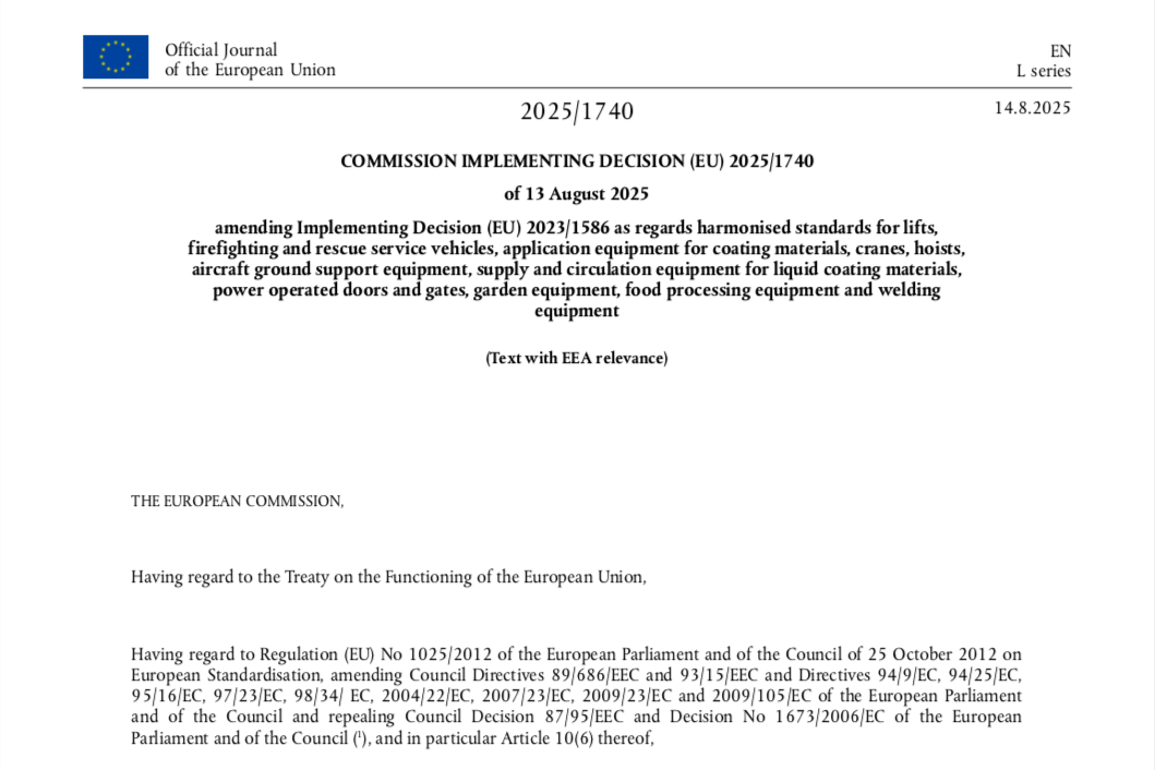 The standards EN 81-31, EN 81-41 and EN 81-44 published on the OJEU. The standard EN 81-42 passes the Formal Vote.